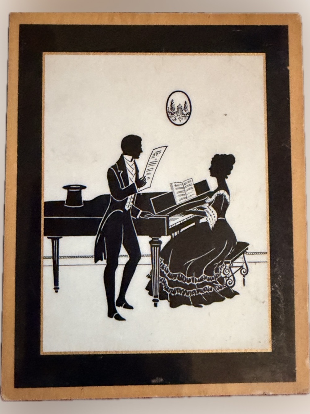 Vintage Victorian Silhouette Art Man Woman at Piano Music Couple